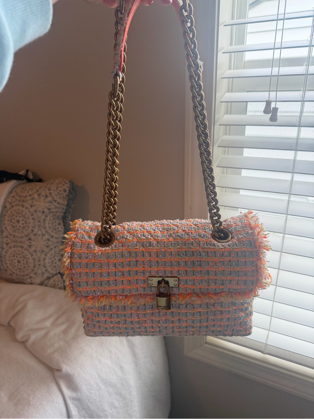 Kurt Geiger Tweed Brixton Lock Bag Orange Lilac Chain Shoulder Strap